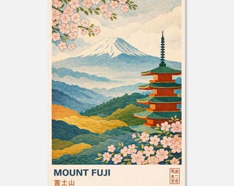 Poster del Monte Fuji in fiore di ciliegio – Arte murale vintage giapponese con paesaggio, stampa di fiori di ciliegio rosa, decorazione zen, arte murale giapponese