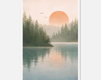 Stampa artistica minimalista con foresta / Poster paesaggistico giapponese / Decorazione neutra per la casa con natura / Stampa con lago sereno / Regalo per camera da letto e soggiorno