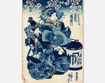 Poster 'Courtesans' di Utagawa Kuniyoshi – Arte da parete giapponese vintage Ukiyo-e, stampa geisha blu indaco, arredamento Zen