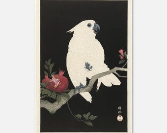 Stampa giapponese con cacatua e melograno – Arte ornitologica Ukiyo-e vintage, decorazione zen, arte murale ispirata alla natura, stile Japandi
