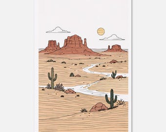 Stampa minimalista di paesaggio desertico / Poster artistico di una mesa di cactus del sud-ovest
