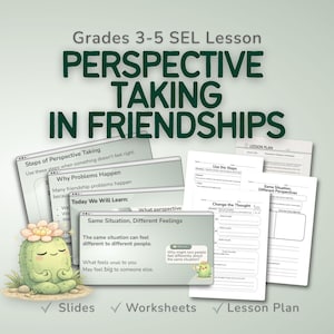 Lección sobre la toma de perspectiva en la amistad (SEL, por sus siglas en inglés) para los grados 3 a 5 / Actividades de habilidades sociales / Hojas de trabajo y diapositivas / Recurso de orientación