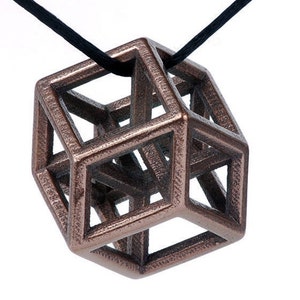 Hypercube Pendant -- elegant geometry jewelry in 3D printed steel, gold or bronze finish