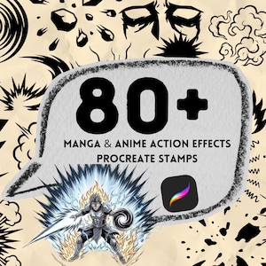 May include: A digital art graphic featuring manga and anime action effects. The image includes the text "80+ Manga & Anime Action Effects Procreate Stamps" in a speech bubble. A character is depicted with a sword and energy effects.
