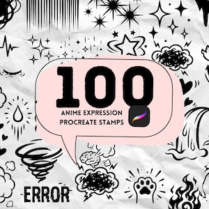 May include: A collection of 100 anime expression Procreate stamps in black and white. The image features various doodles, including stars, hearts, clouds, and speech bubbles, all set against a textured, off-white background.