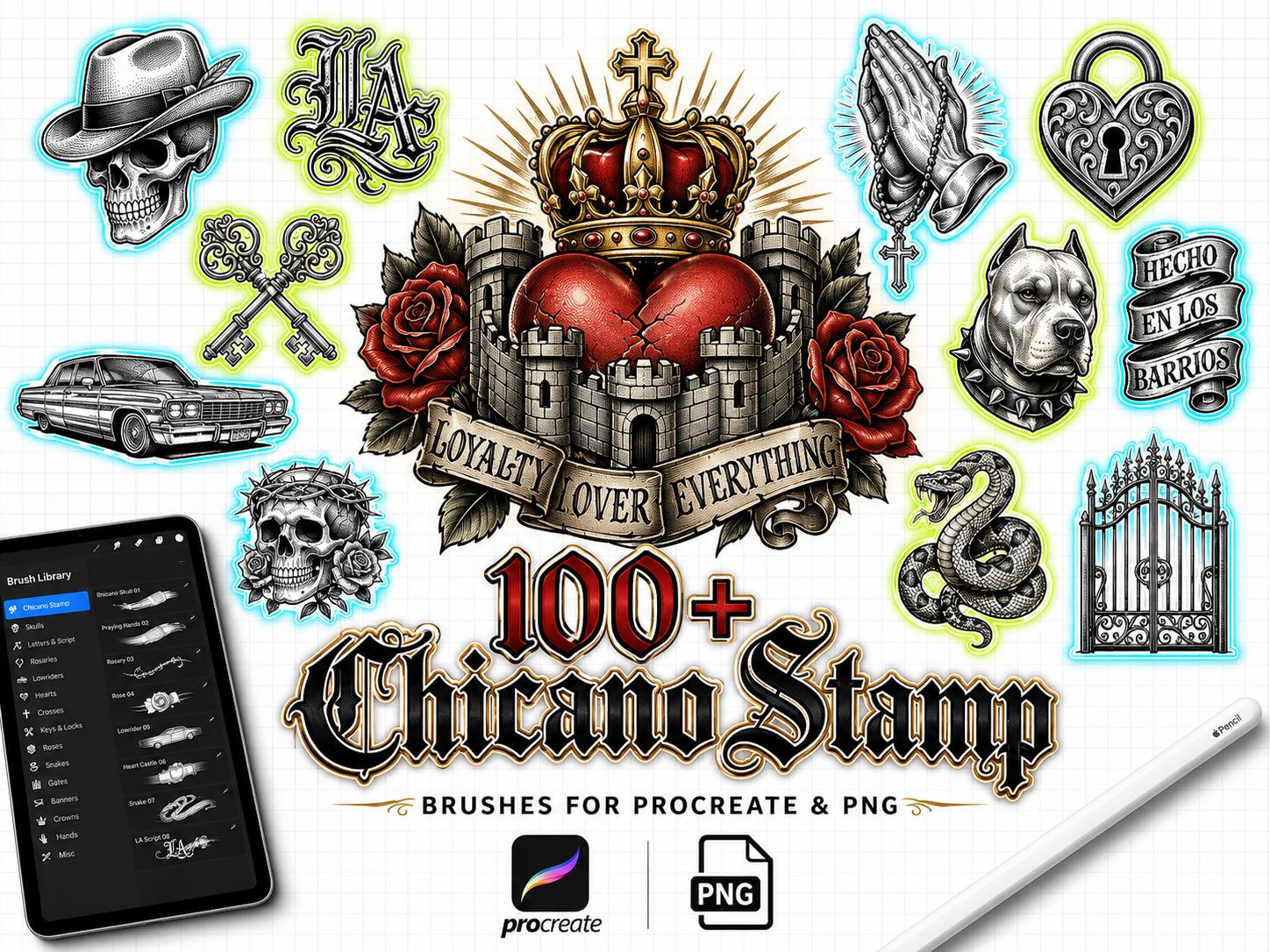 Low Rider Procreate 100+ Chicano Tattoo Procreate Stamps | Lowrider Art, Skull Stencils ...