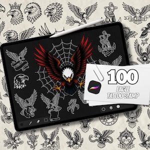 Könnte beinhalten: Digitale Kunst mit verschiedenen Adler-Tattoo-Designs, darunter ein zentraler Adler mit roten Flügeln und einem Spinnennetz-Hintergrund. Ein Tablet zeigt die Designs, mit einem Stift und einer Karte mit der Aufschrift "100 Eagle Tattoo Stamp."