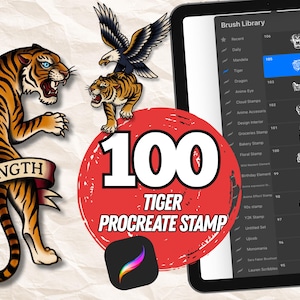 May include: Digital art supplies for Procreate. The image shows a tablet with a brush library and a red circle with the text "100 TIGER PROCREATE STAMP". The image also features tiger and eagle illustrations.