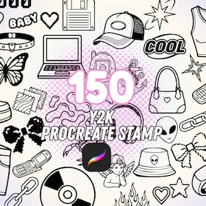 May include: Black and white Y2K-themed Procreate stamp set with 150 designs. Includes a butterfly, laptop, purse, cell phone, and other nostalgic graphics. The text reads "150 Y2K PROCREATE STAMP".