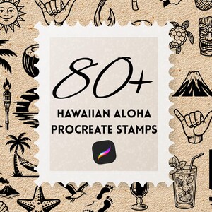 May include: A digital art graphic with black and white Hawaiian illustrations, such as palm trees, a volcano, and a cocktail. The central text reads "80+ Hawaiian Aloha Procreate Stamps."