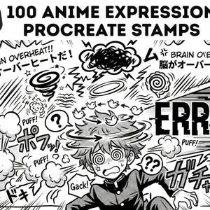 Op de afbeelding: Zwart-wit illustratie in anime-stijl met de tekst "100 ANIME EXPRESSION PROCREATE STAMPS". De afbeelding toont een geschrokken personage, omringd door visuele effecten zoals vraagtekens, rookwolken en het woord "ERROR".