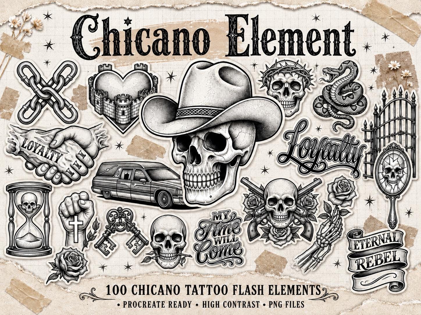 Low Rider Procreate 100+ Chicano Tattoo Procreate Stamps | Lowrider Art, Skull Stencils ...