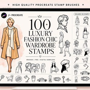May include: A digital art set displayed on a tablet, featuring fashion-themed Procreate stamp brushes. The set includes 100 stamps with illustrations of clothing, accessories, and figures. The title reads "100 Luxury Fashion Chic Wardrobe Stamps."