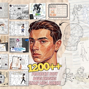 Könnte beinhalten: Ein digitales Kunst-Ressourcenpaket mit über 1200 Procreate-Körperbasen, Pinseln und Stempeln. Die Sammlung enthält verschiedene Charakterposen, Anime-Ausdrücke, Gesichtsdrahtgitter-Anleitungen und Chibi-Figuren in einem Raster.