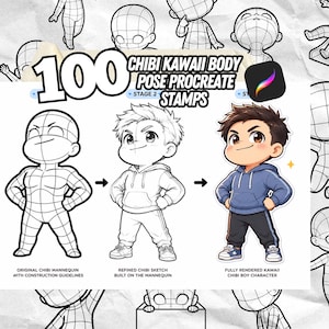 100 Chibi Procreate Stamps | Kawaii Body Poses Guide | Anime Mannequin Base Brushset PNG