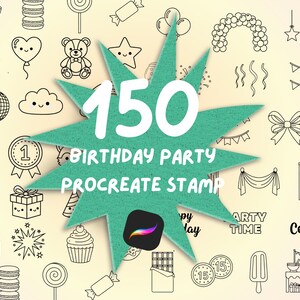 150 timbri per feste di compleanno con Procreate, illustrazioni per celebrazioni (download digitale)