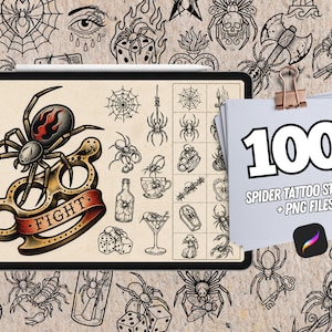 Può includere: Arte digitale con timbri di tatuaggi di ragni e file PNG. L'immagine include un tablet che mostra un disegno di ragno e tirapugni con la parola "FIGHT". Una pila di fogli recita "100 SPIDER TATTOO STAMPS + PNG FILES".