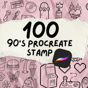 Può includere: Una collezione di 100 timbri Procreate anni '90 in bianco e nero. L'immagine presenta varie icone, tra cui una cassetta, uno skateboard, una fetta di pizza e un controller di videogiochi, su sfondo rosa.