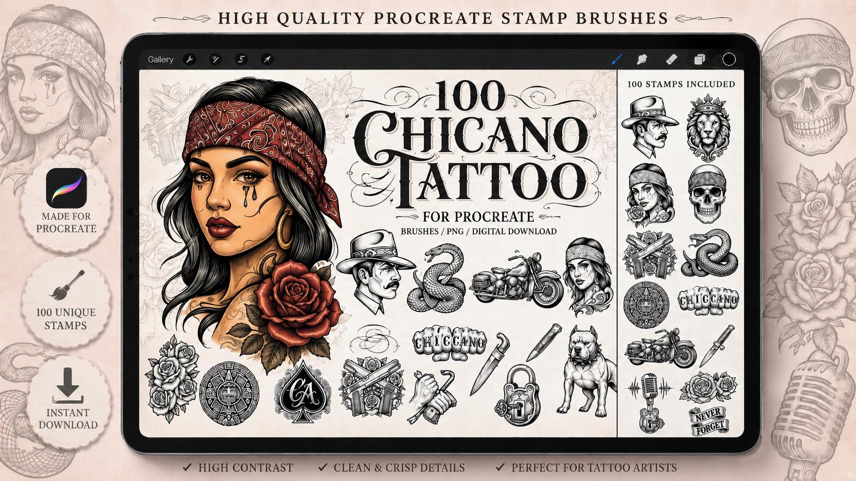 Low Rider Procreate 100+ Chicano Tattoo Procreate Stamps | Lowrider Art, Skull Stencils ...