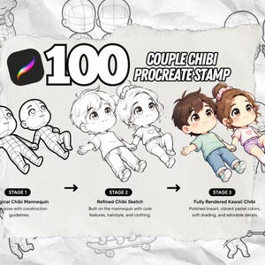 Op de afbeelding: Een digitale kunstbron met 100 chibi-koppel Procreate-stempels. De afbeelding toont drie fasen van karaktercreatie: een mannequin-schets, een verfijnde lijnenschets en een volledig ingekleurde illustratie van een koppel in pasteltinten.
