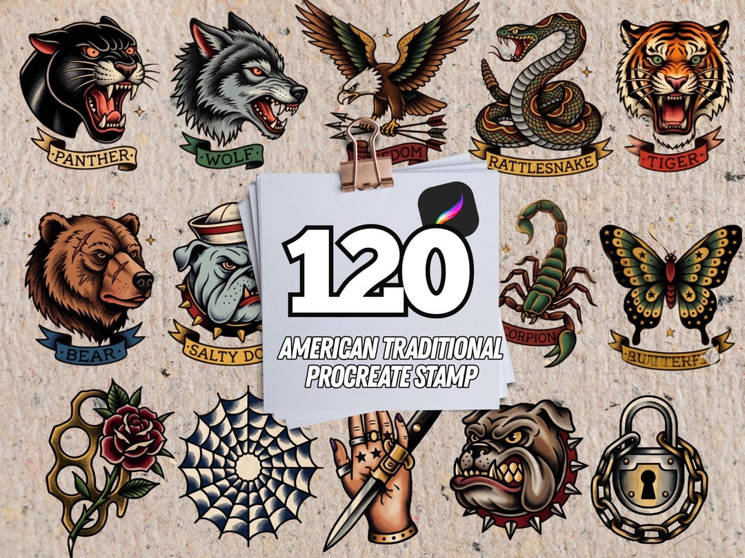 120 American Traditional Procreate Stamps – Old School Tattoo Flash ...