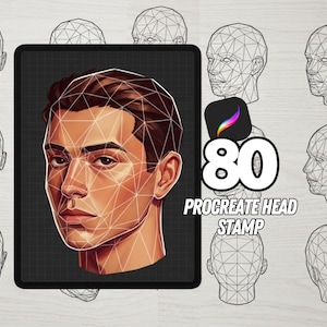May include: Digital art illustration of a male face with geometric lines overlaid on a tablet screen. The image includes the text "80 PROCREATE HEAD STAMP" and several wireframe head drawings.