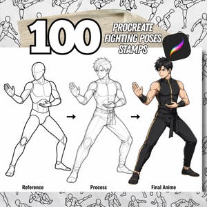 May include: An illustration showing a progression of a fighting pose, from reference to final anime style. The image includes the text "100 Procreate Fighting Poses Stamps" and a Procreate app icon. The final anime figure is in black and gold.