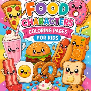Può includere: Copertina di un libro da colorare per bambini con personaggi di cibo dei cartoni animati. La copertina include una fetta di pizza, una ciambella, un frappè, un hamburger, un hot dog, succo d'arancia, pancetta, un uovo, un pretzel, toast, biscotti e orsetti gommosi.
