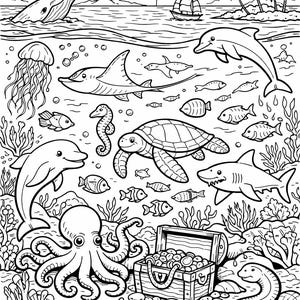 Puede incluir: Ilustración en blanco y negro de una escena submarina. La imagen presenta una ballena, delfines, peces, un caballito de mar, una tortuga, un tiburón, un pulpo y un cofre del tesoro. El sol se pone sobre el océano.