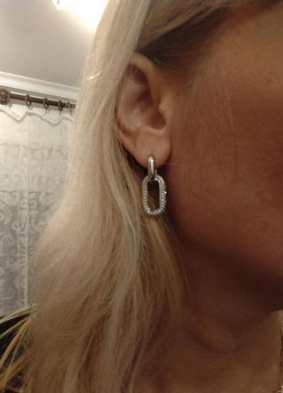 Rare Silver Link Pave Crystals Rectangular Earrin… - image 5