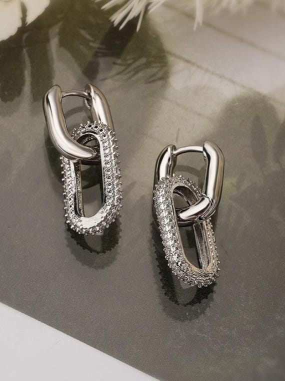 Rare Silver Link Pave Crystals Rectangular Earrin… - image 1