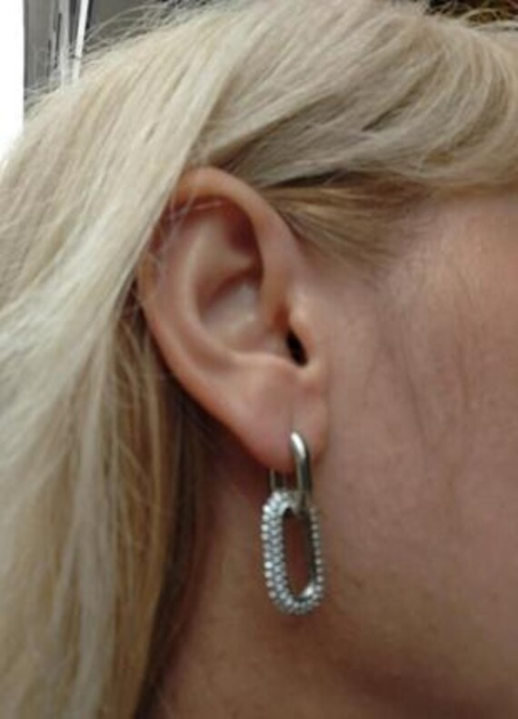 Rare Silver Link Pave Crystals Rectangular Earrin… - image 2