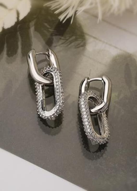 Rare Silver Link Pave Crystals Rectangular Earrin… - image 4