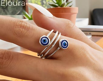 Sterling Silver Double Evil Eye Adjustable Ring, Blue Enamel Turkish Jewelry