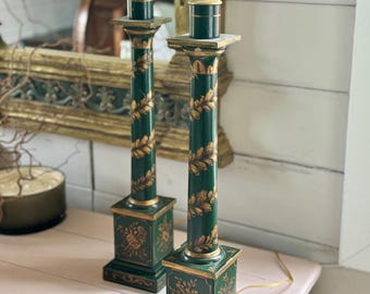 A Pair of Vintage Arrowsmith Green & Gilt Tole Lamps