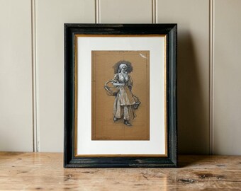 William Cubitt Cooke Figurstudieteckning | Kvinna med korgar, blyertskonst med krita