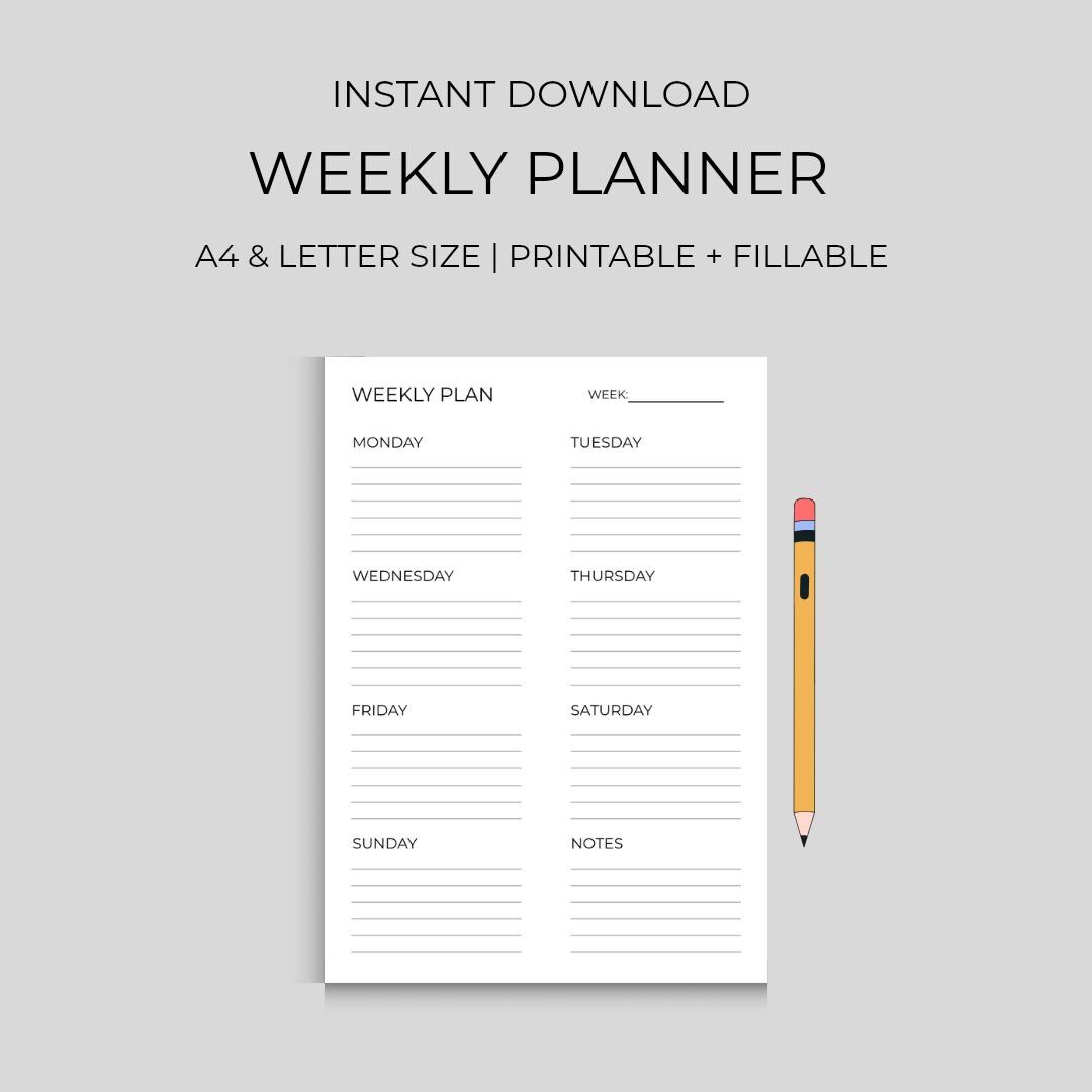Minimal Weekly Planner Printable PDF | Simple 7 Day Portrait Planner ...