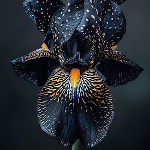 May include: A close-up of a striking black iris flower with intricate patterns. The petals are a deep black, speckled with small, light-colored dots. The flower's center has a vibrant orange and yellow hue, creating a beautiful contrast against the dark background.