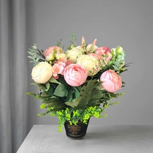 Weighted Memorial Flower Arrangement – Artificial Peonies, Ranunculus Tribute, Weather Resistant Grave Flowers