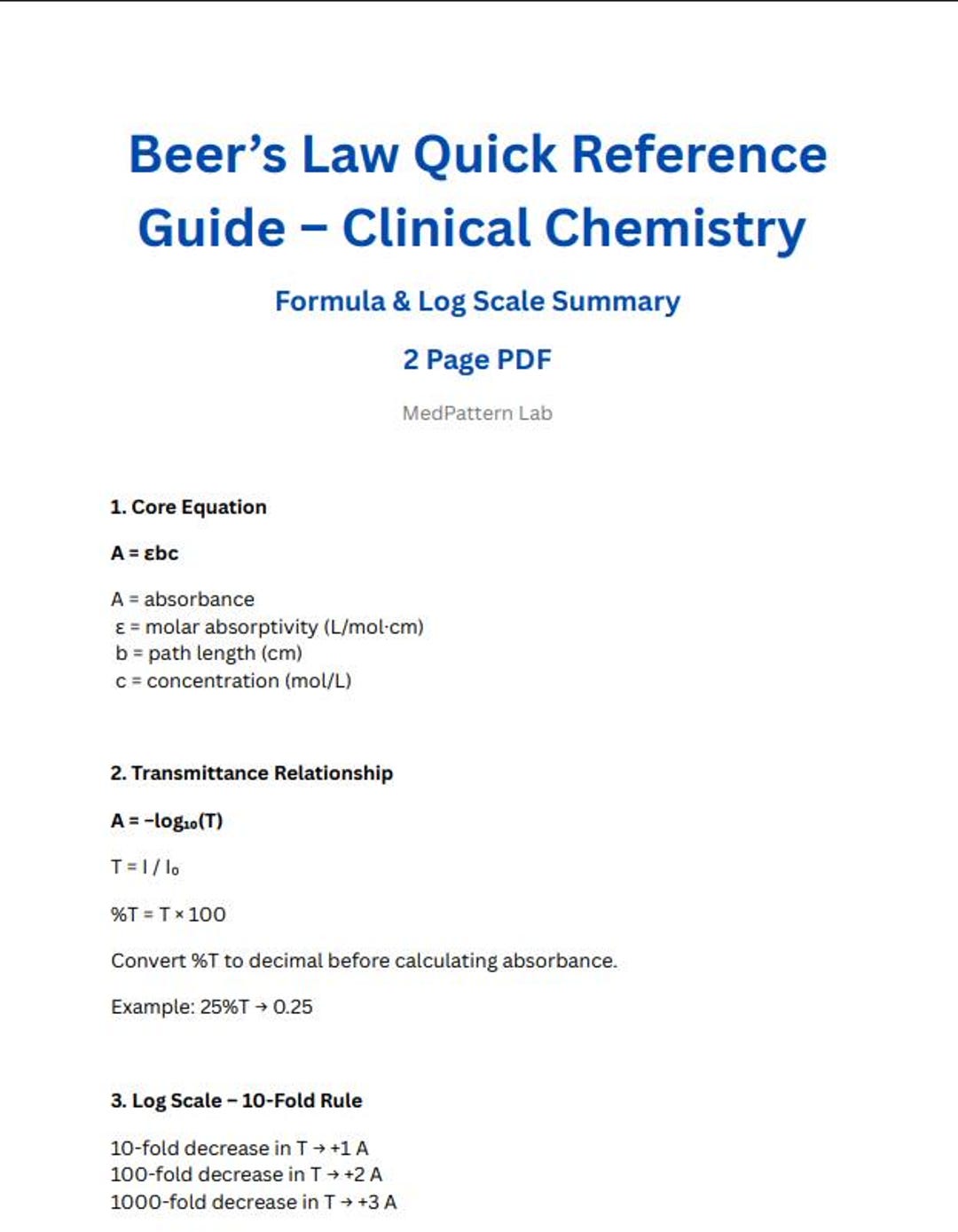 Guide de référence rapide de la loi de Beer - Résumé de la formule ...