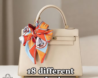 Sciarpa/ciondolo per borsa in tessuto effetto seta, ideale per borsetta, accessorio con fiocco e anello dorato, sciarpa per manico, grazioso ciondolo per borsa, regalo per lei.