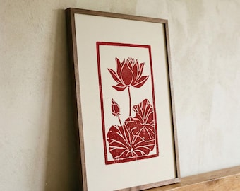 Red Linocut Lotus Flower Wall Art Print (Wabi Sabi Botanical Giclée Poster)