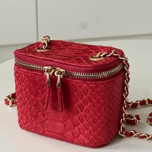 Może przedstawiać: Mała, prostokątna czerwona torebka z fakturą skóry węża. Torebka posiada złoty zamek błyskawiczny i łańcuszek. Pasek łańcuszkowy ma około 102 cm długości.