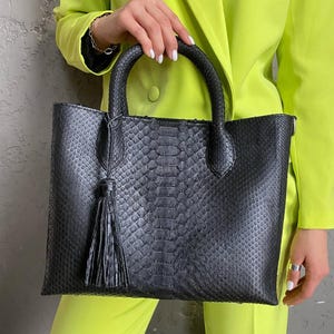 Python Schwarz Top Griff Taschen | Handgefertigte echte Haut Handtaschen | Limitierte Geldbörse