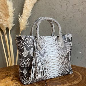 Op de afbeelding: Een handtas met slangenpatroon, een handvat aan de bovenkant en een decoratieve kwast. De tas heeft een mix van zwart, grijs en wit, met een gestructureerde vorm en een neutraal kleurenpalet. De tas is een tote-stijl.
