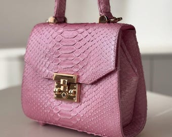 Bolsos de mano de piel de pitón rosa con asa superior / Bolsos de piel auténtica hechos a mano / Monedero de edición limitada