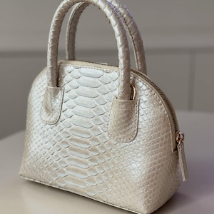 Könnte beinhalten: Eine cremefarbene, kuppelförmige Handtasche mit einem strukturierten, schlangenlederartigen Muster. Die Tasche hat zwei geflochtene Tragegriffe und einen goldfarbenen Reißverschluss. Die Tasche ist etwa 20 cm breit und 15 cm hoch.