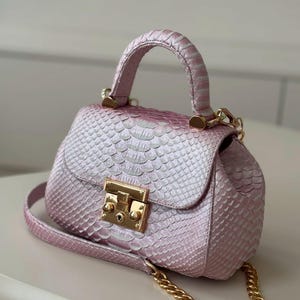 May include: A small, pink handbag with a textured, scaly pattern. The bag features a top handle, a gold-coloured chain strap, and a gold-coloured clasp closure. The bag is approximately 20 cm wide.