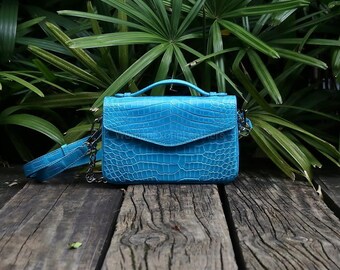 Bolsos bandolera de piel de cocodrilo azul / Bolsos de piel auténtica hechos a mano / Monedero de edición limitada