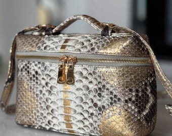 Bolsos de mano de piel de pitón natural dorada con asa superior / Bolsos de piel auténtica hechos a mano / Monedero de edición limitada